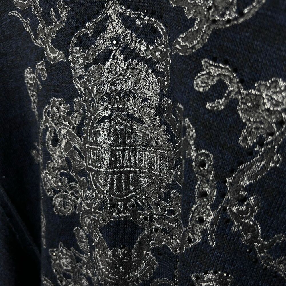 Harley Davidson Long Sleeve Top Lace Flowy Navy Blue Gems Women's M - Picture 4 of 10
